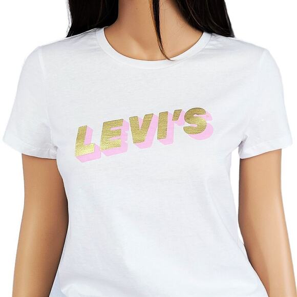 New! Levi's Women's The Perfect Tee Gold Pink Glitter Logo Print Cotton T-Shirt - Picture 1 of 6